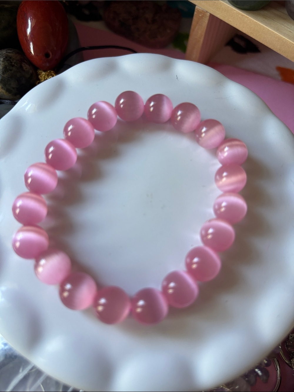 Pink Cat Eye 10mm Beaded Stretch Bracelet